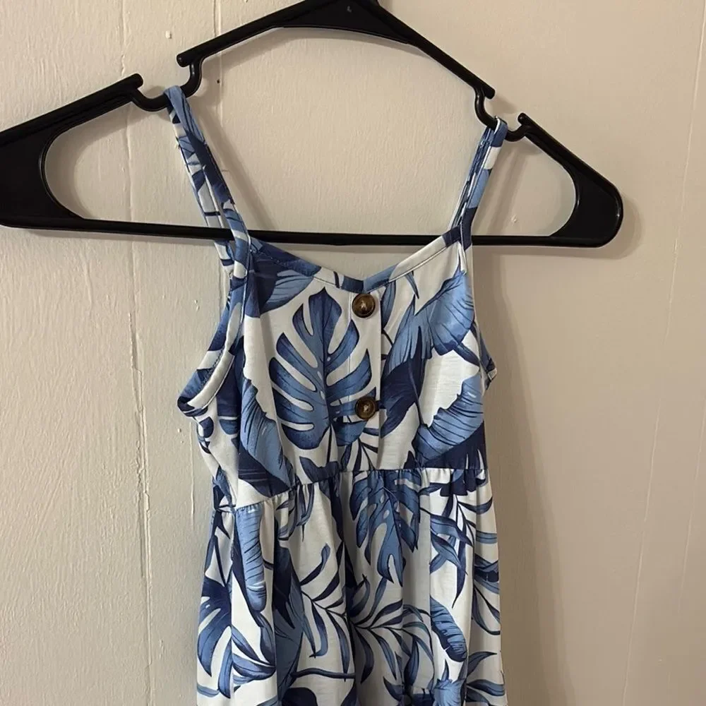 Blue and White Leaf Print Kids Dress